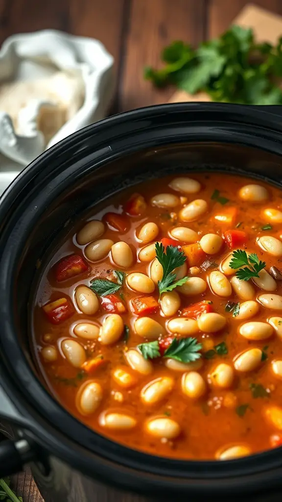 A bowl of Tuscan White Bean Soup in a slow cooker, featuring white beans, diced tomatoes, and fresh herbs.