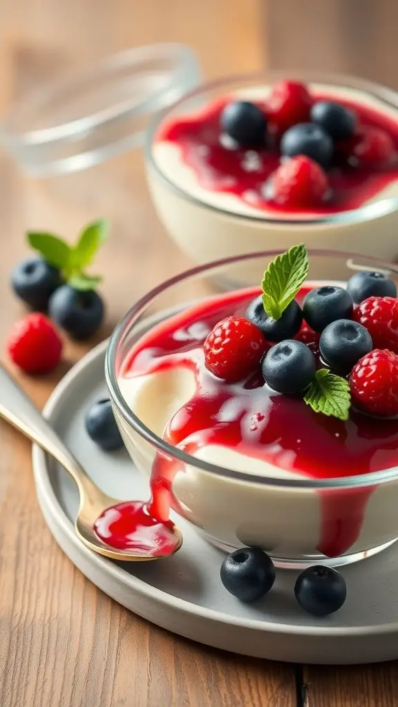 Vanilla bean panna cotta topped with berry compote, raspberries, and blueberries