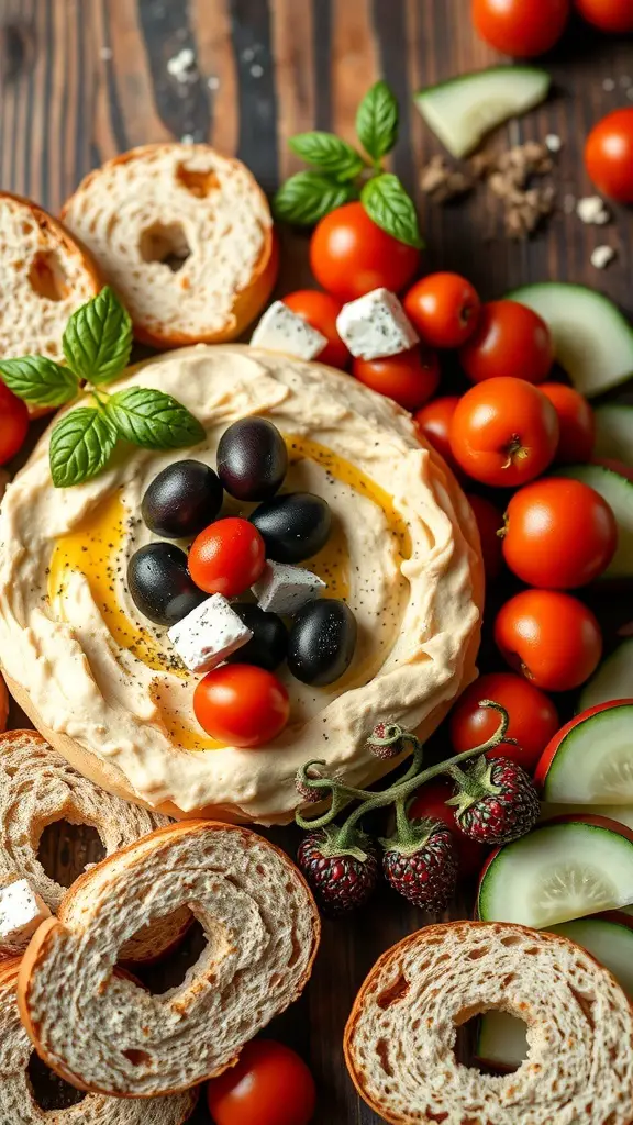 A Mediterranean bagel spread featuring hummus, cherry tomatoes, black olives, feta cheese, and fresh basil on a wooden table.