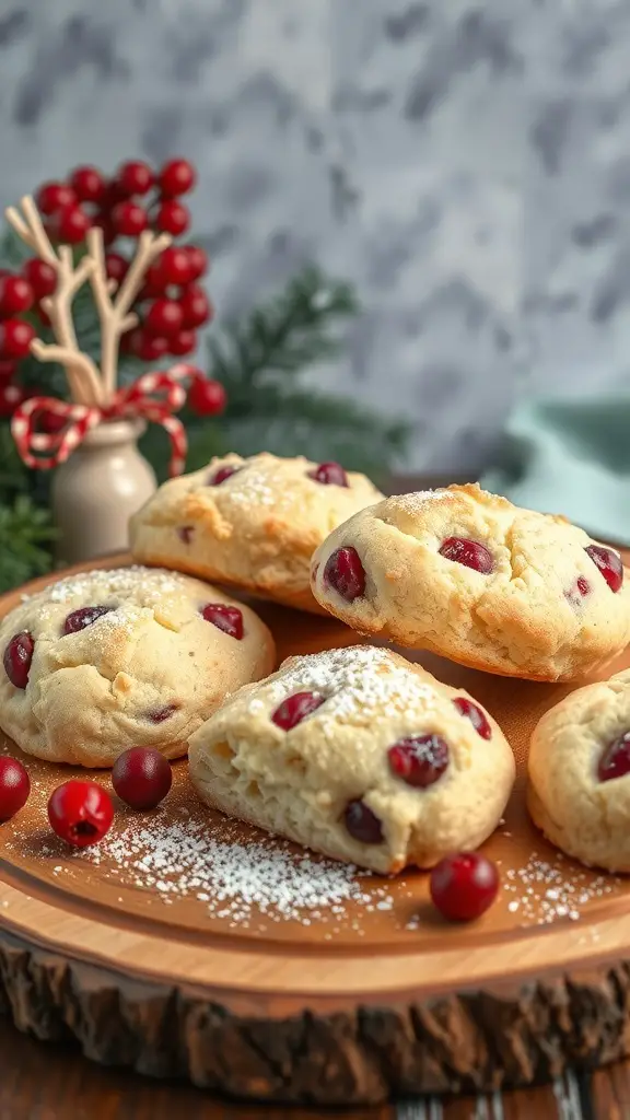 Savory cheese scones with cranberries on a wooden platter, decorated with festive elements.