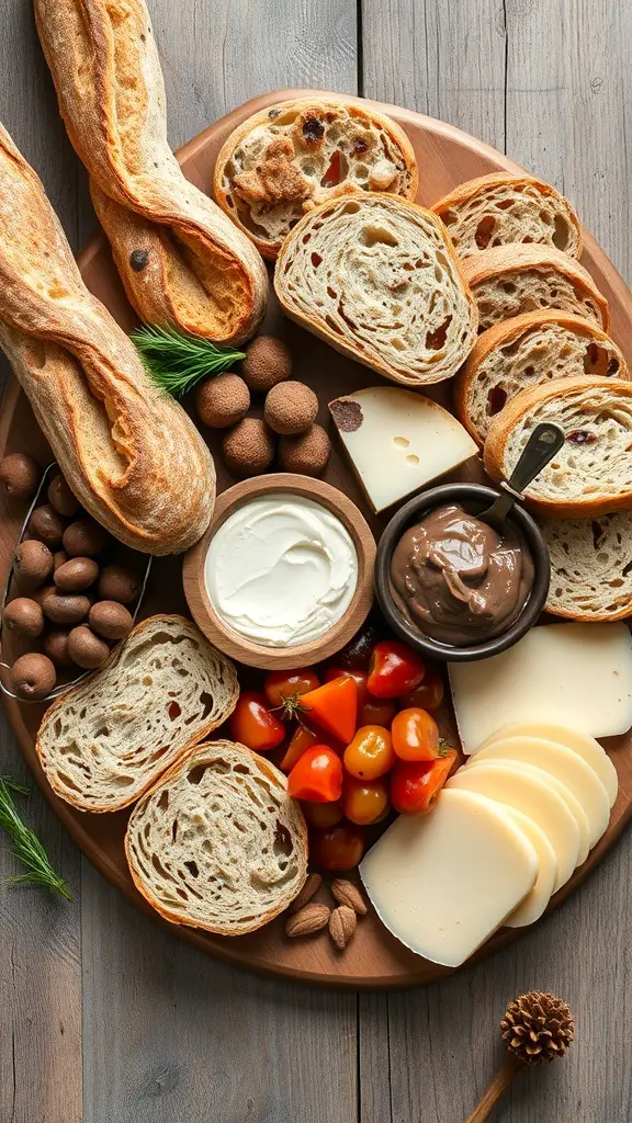 A charcuterie board featuring artisan breads, baguettes, cheeses, and snacks.