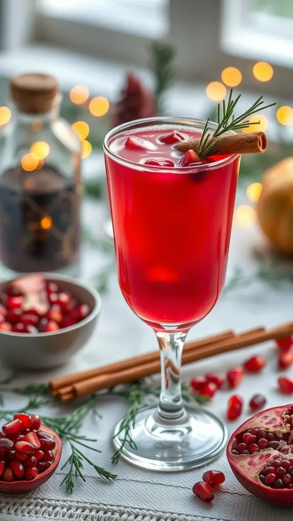 A glass of mulled pomegranate juice garnished with a cinnamon stick and pomegranate seeds, surrounded by festive decorations.