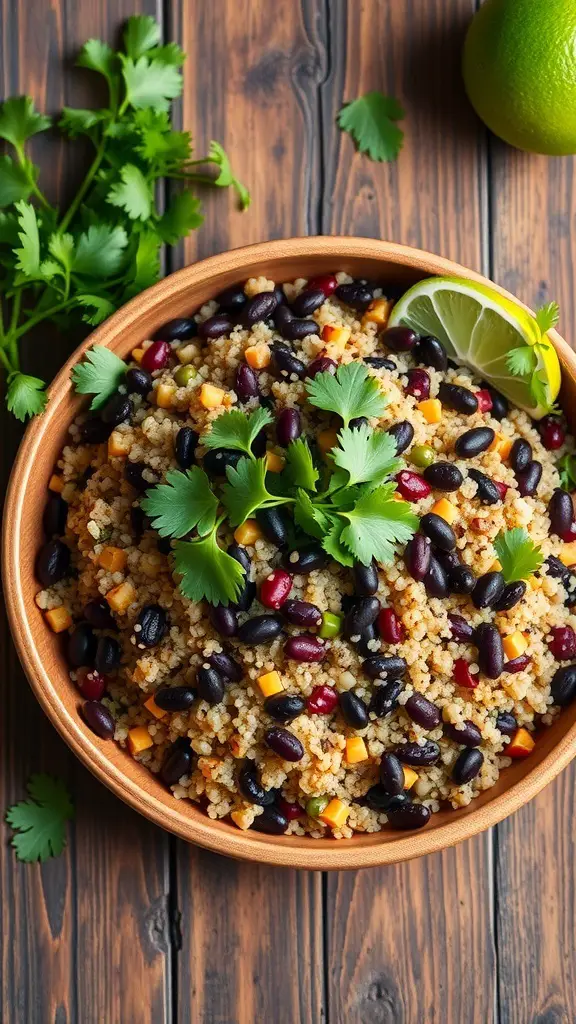 A bowl of quinoa and black bean salad with cilantro and lime on a wooden table.