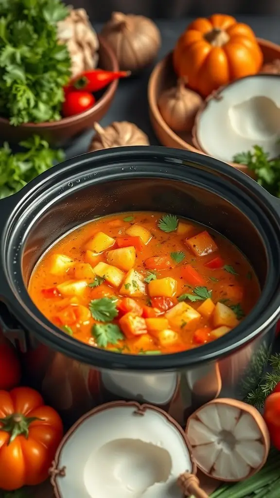 Coconut Curry Vegetable Stew in a crockpot surrounded by fresh vegetables