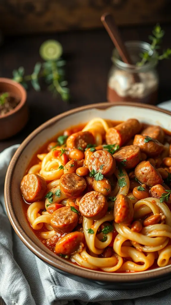 A bowl of Pasta e Fagioli with Italian sausage, garnished with fresh herbs.