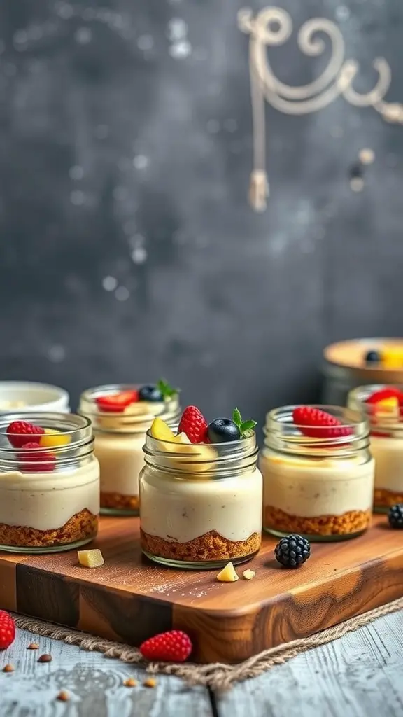 Mini cheesecakes in jars with various toppings on a wooden board.