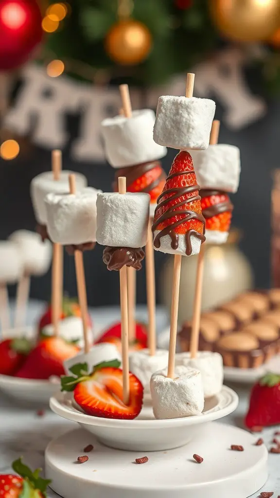 Dessert skewers with strawberries, marshmallows, and chocolate drizzle