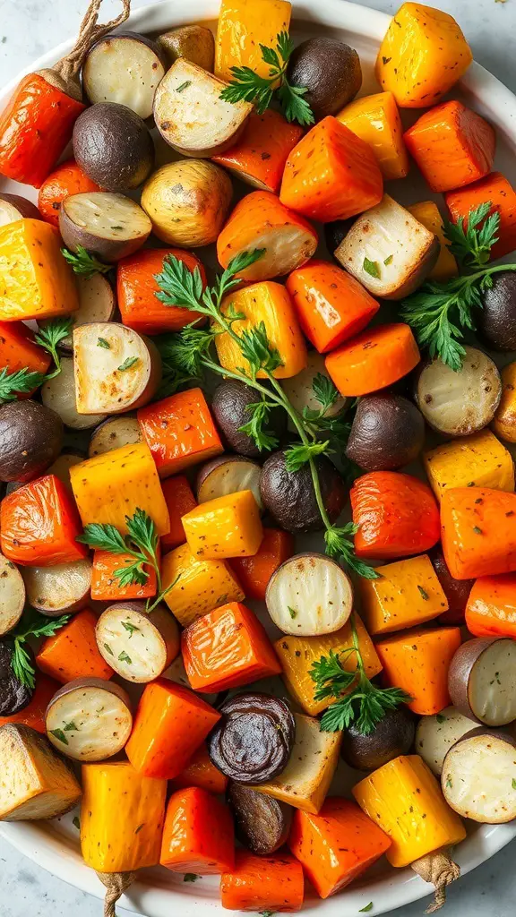 A colorful platter of roasted seasonal vegetables including orange, yellow, and purple pieces, garnished with fresh herbs.