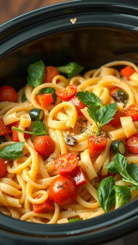 A close-up of Pasta Primavera with fresh vegetables in a crockpot, featuring colorful cherry tomatoes, bell peppers, and herbs.