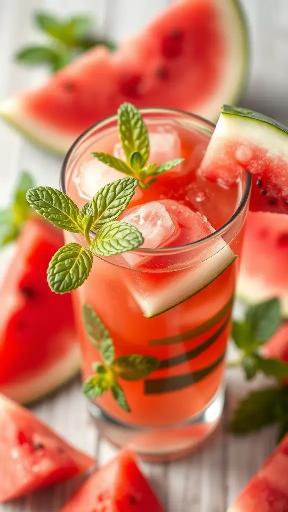 A glass of watermelon refresher juice with mint leaves and ice, surrounded by watermelon slices.