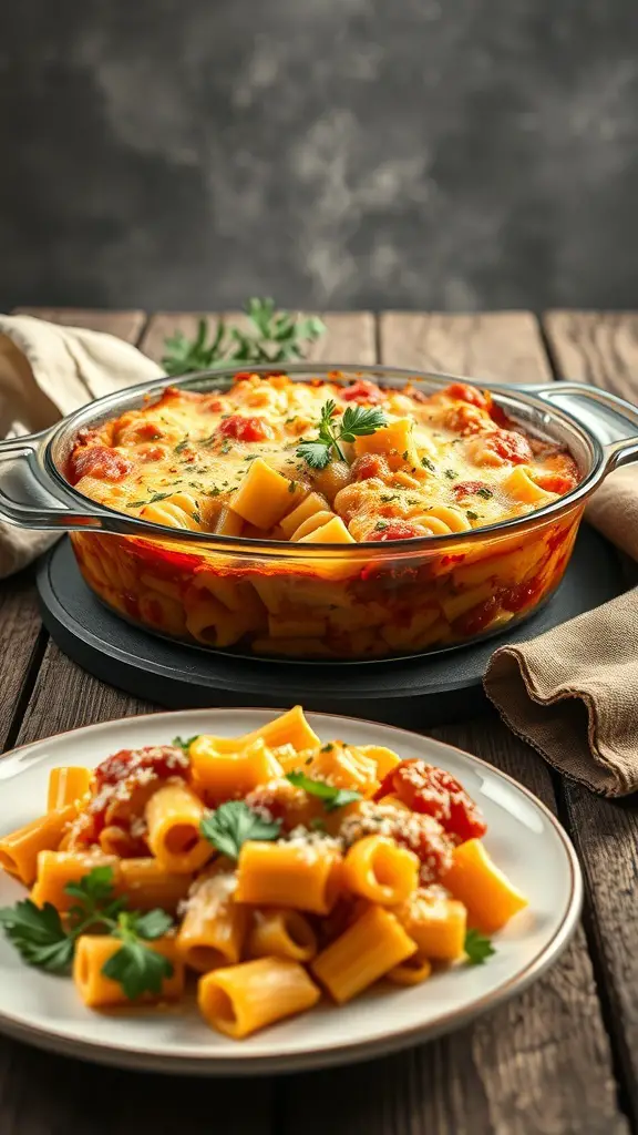 A delicious pasta casserole in a glass dish, with a serving on a plate, garnished with parsley.