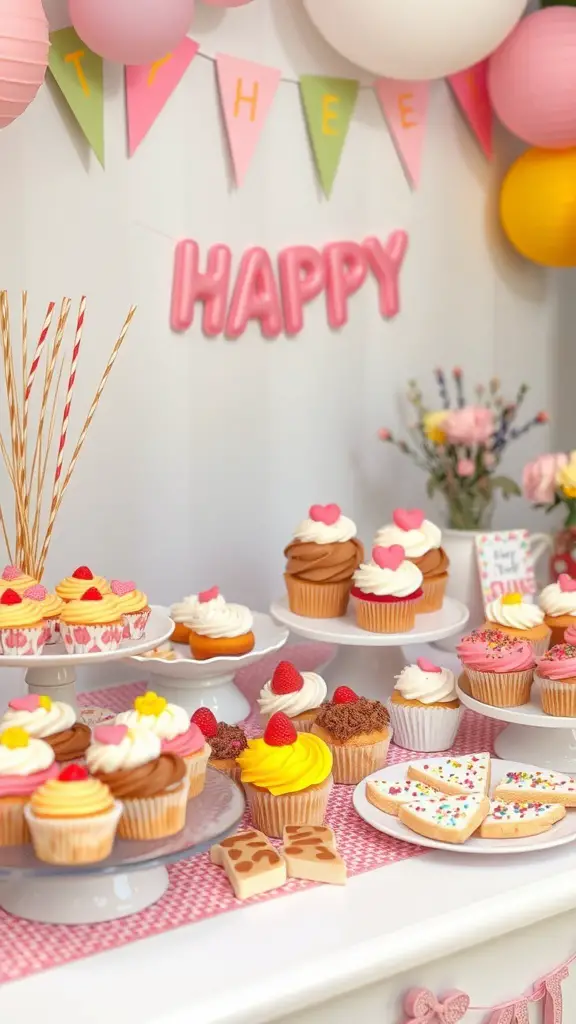 A colorful dessert station with cupcakes, cookies, and decorations for a potluck party.