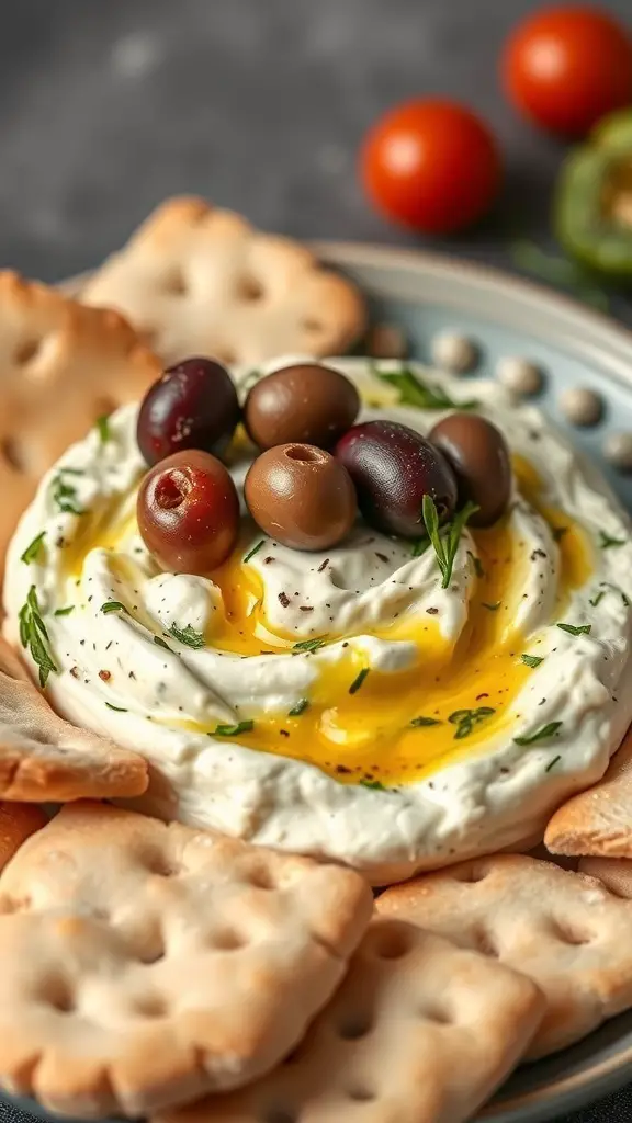 A creamy Mediterranean feta dip topped with olives, served with crackers.