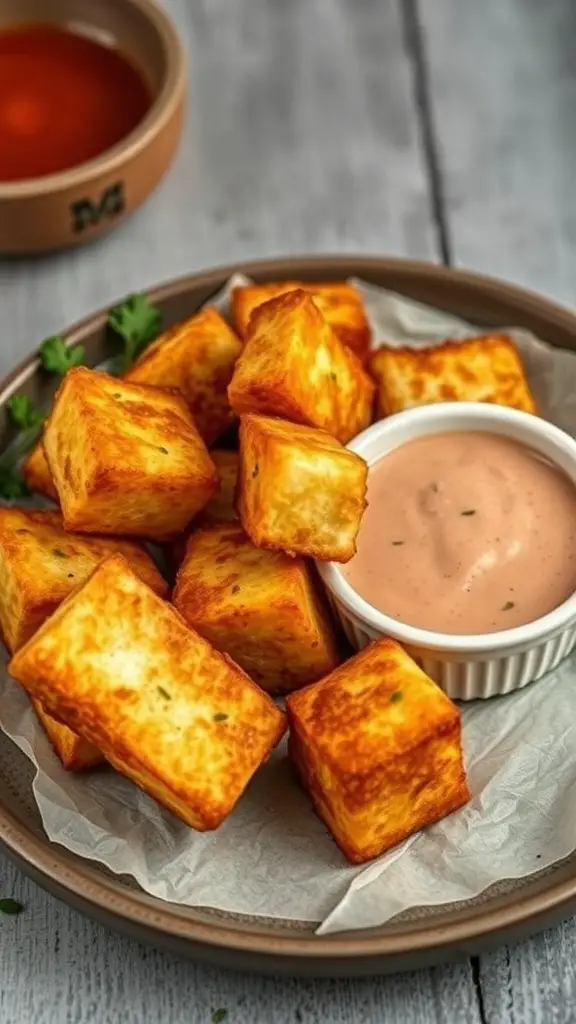 A plate of crispy tofu bites served with a dipping sauce