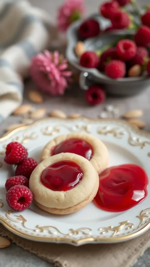 A plate of Raspberry Almond Thumbprint Cookies with raspberry jam, fresh raspberries, and almonds.