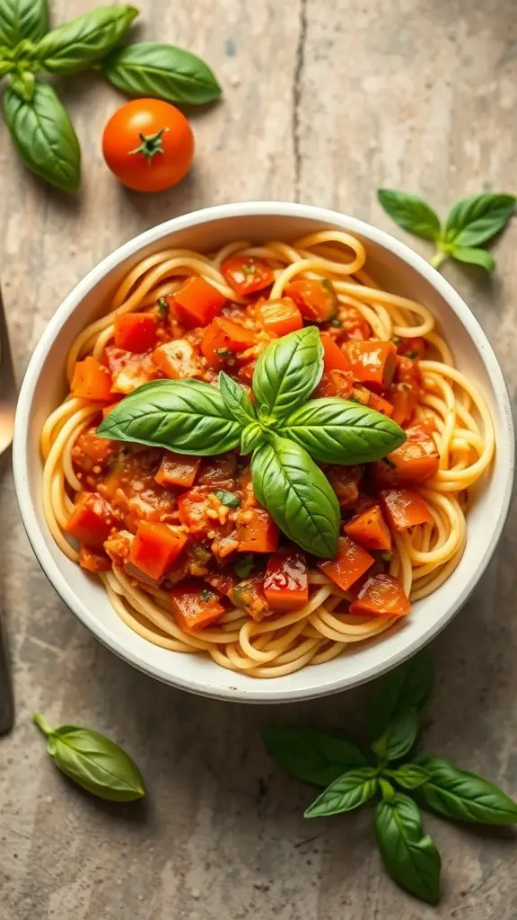 A bowl of spaghetti with hidden veggie sauce, garnished with fresh basil leaves.