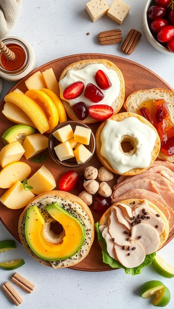 A colorful bagel charcuterie board featuring sweet and savory toppings, including fruits, meats, and cheeses.