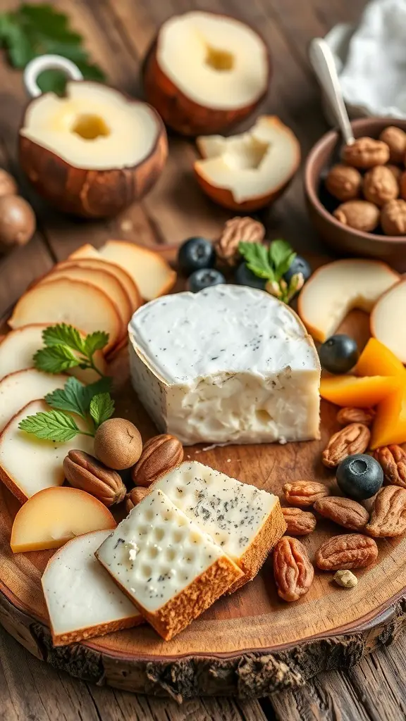 A wooden platter with various types of vegan cheese made from coconut, surrounded by fruits and nuts.