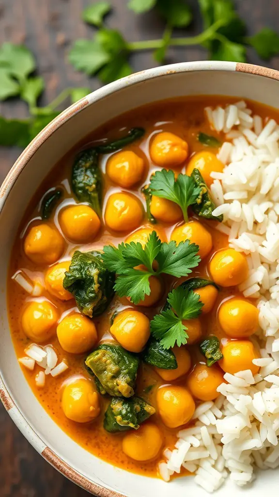 A bowl of Coconut Curry Chickpeas and Spinach served with rice, garnished with fresh cilantro.