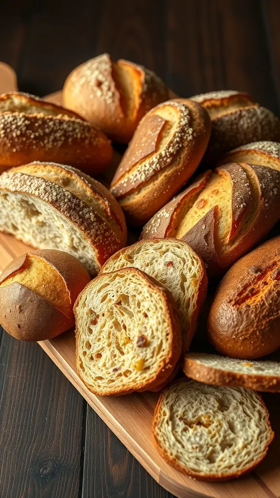 A selection of artisan breads on a wooden board, showcasing different shapes and textures.