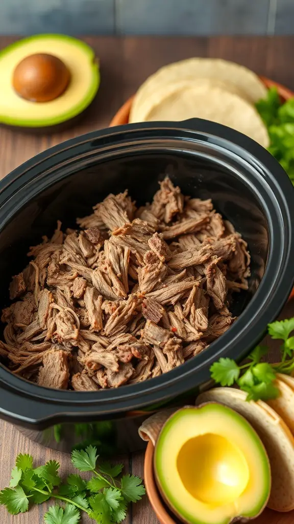 Shredded beef in a slow cooker with avocado and tortillas on the side