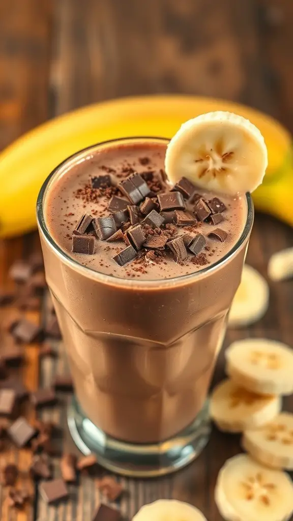 A tall glass of chocolate banana smoothie topped with chocolate chunks and a banana slice, with a banana in the background.