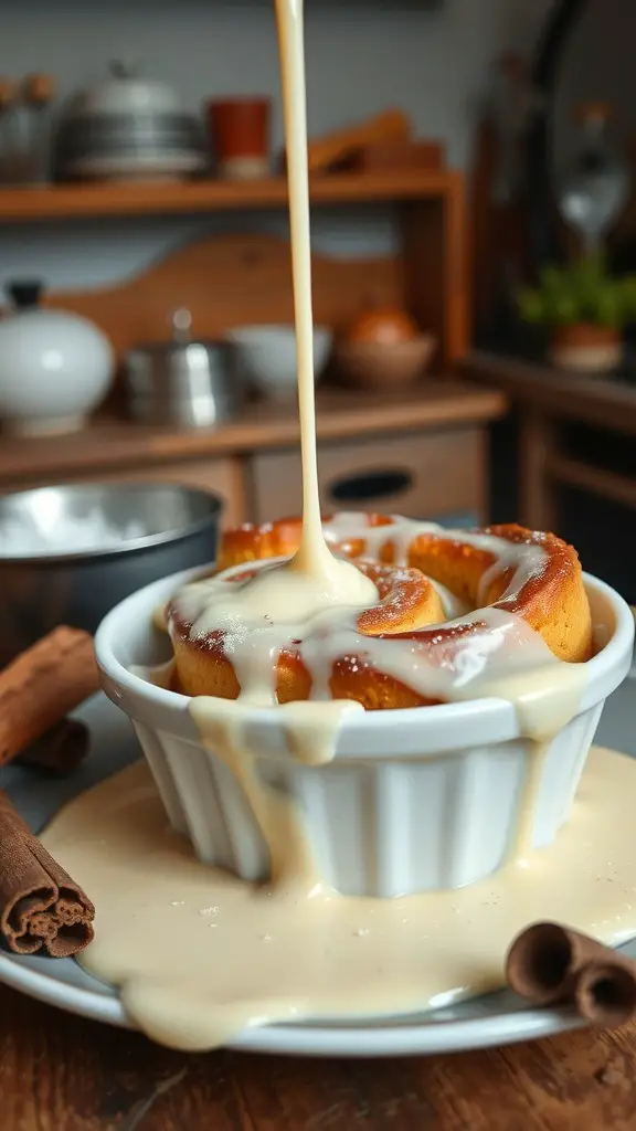 A bowl of cinnamon roll bread pudding with cream sauce drizzling over it, surrounded by cinnamon sticks.
