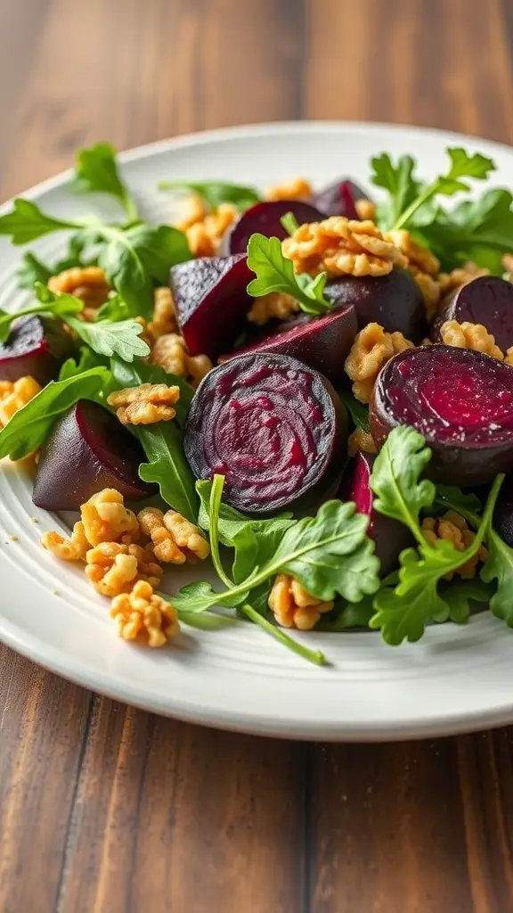 A plate of roasted beet and arugula salad with walnuts.