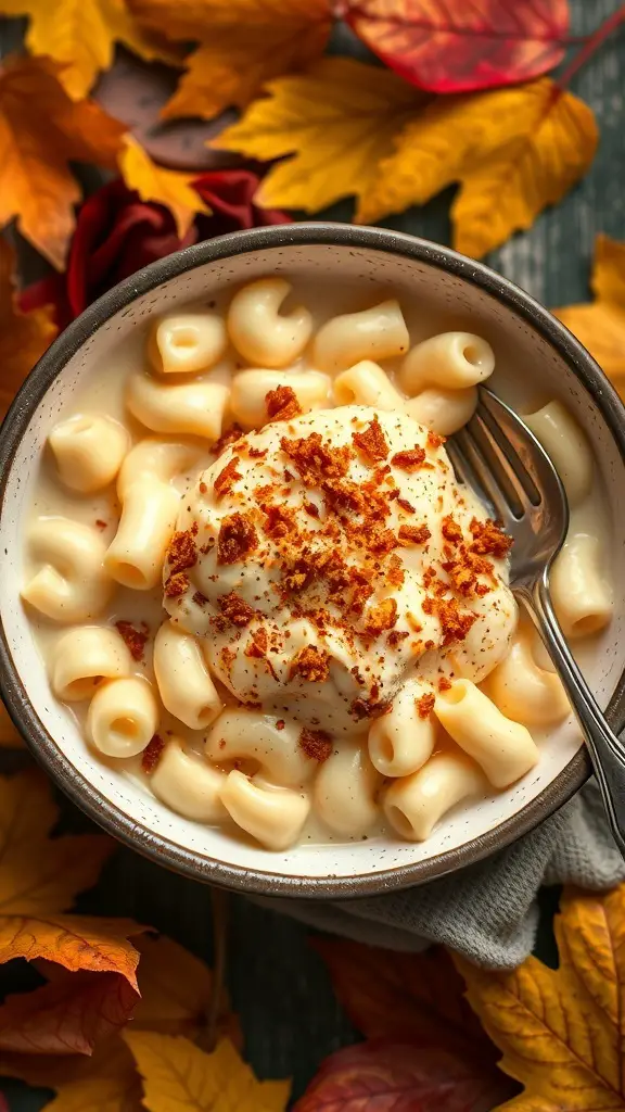 A bowl of creamy mac and cheese topped with seasoning, surrounded by autumn leaves.