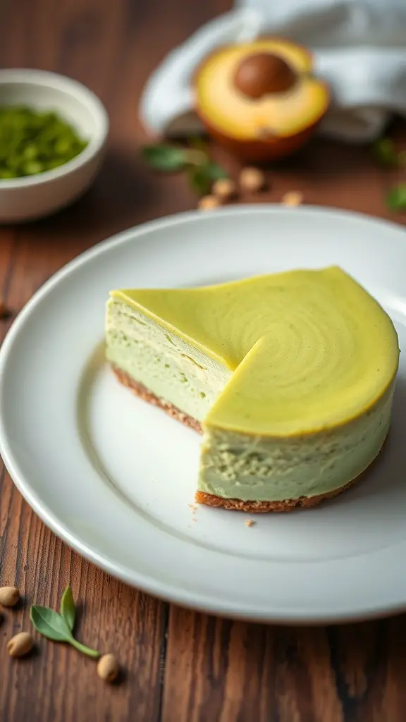 A slice of matcha green tea cheesecake on a plate, showcasing its creamy texture and vibrant color.