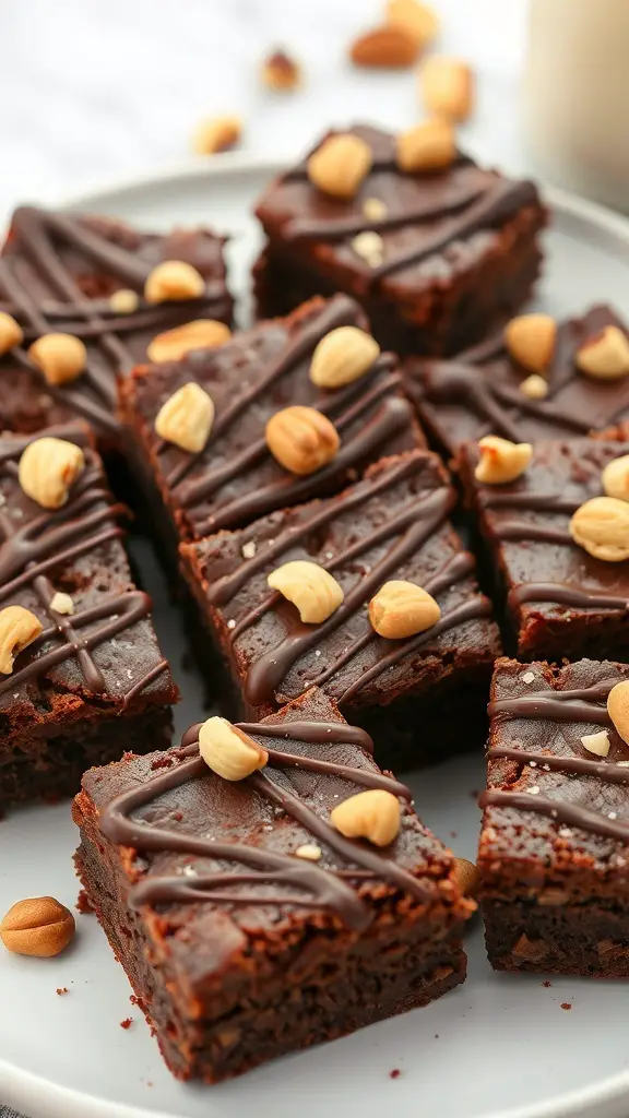 A plate of decadent brownies topped with chocolate drizzle and peanuts