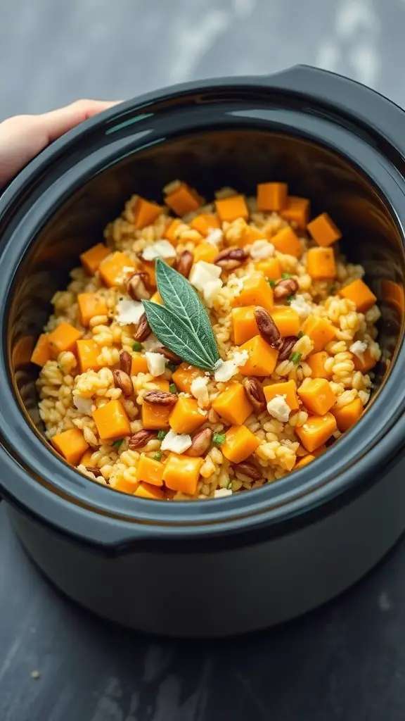 A bowl of butternut squash and sage risotto in a crockpot, featuring diced squash and fresh sage leaves.