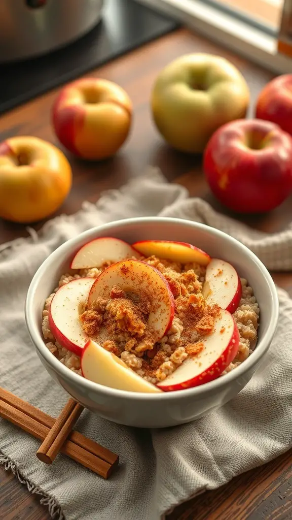 A bowl of cinnamon apple oatmeal topped with apple slices and cinnamon, with apples in the background.