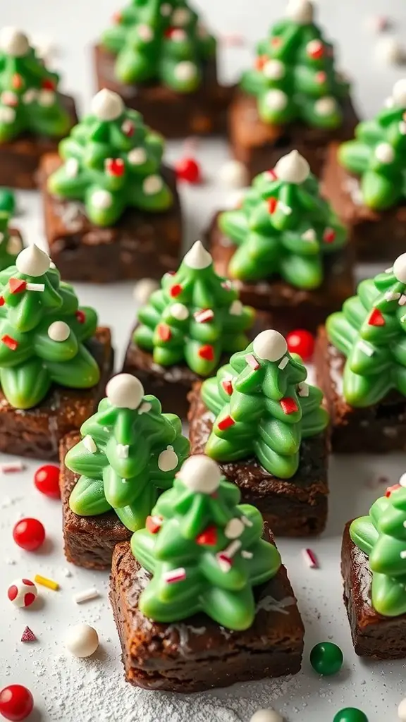 Christmas Tree Brownie Bites decorated with green frosting and colorful sprinkles