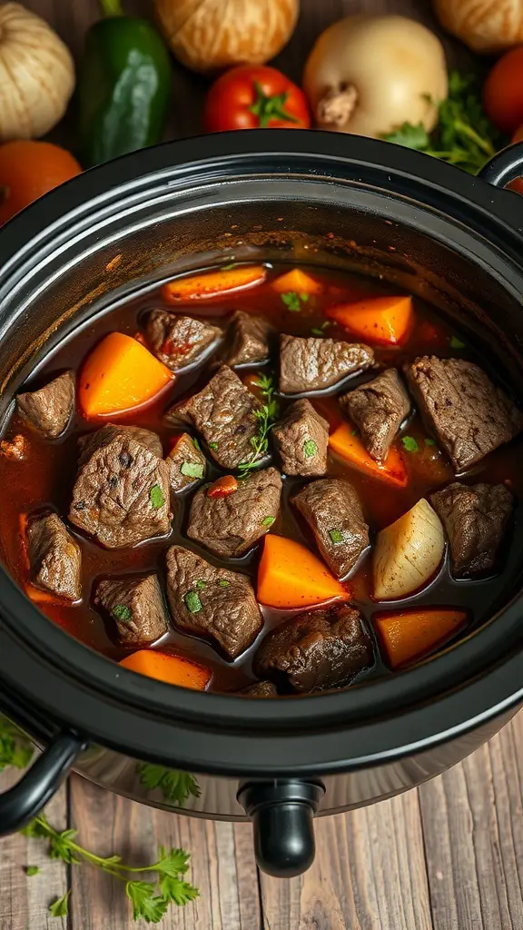 A hearty slow-cooked beef stew in a black crock pot with chunks of beef, carrots, and potatoes.