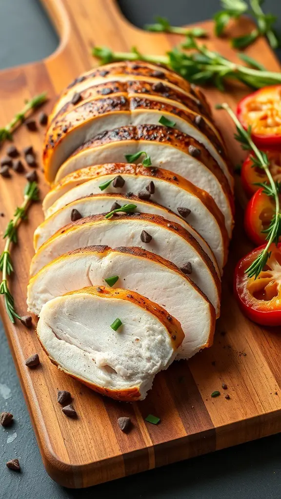 Sliced herbed turkey breast on a wooden cutting board with herbs and cherry tomatoes