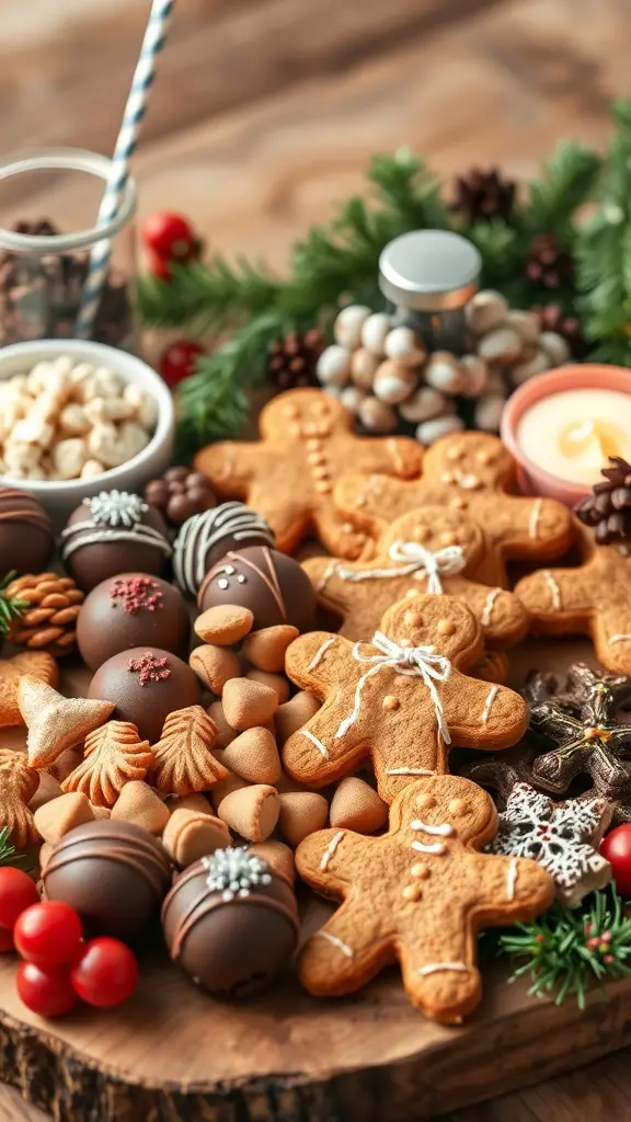 A festive charcuterie board with gingerbread cookies, chocolate truffles, and assorted sweets.