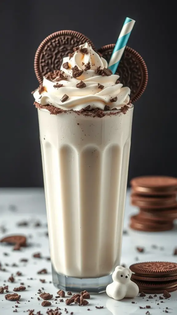 A delicious Oreo milkshake topped with whipped cream and Oreo cookies