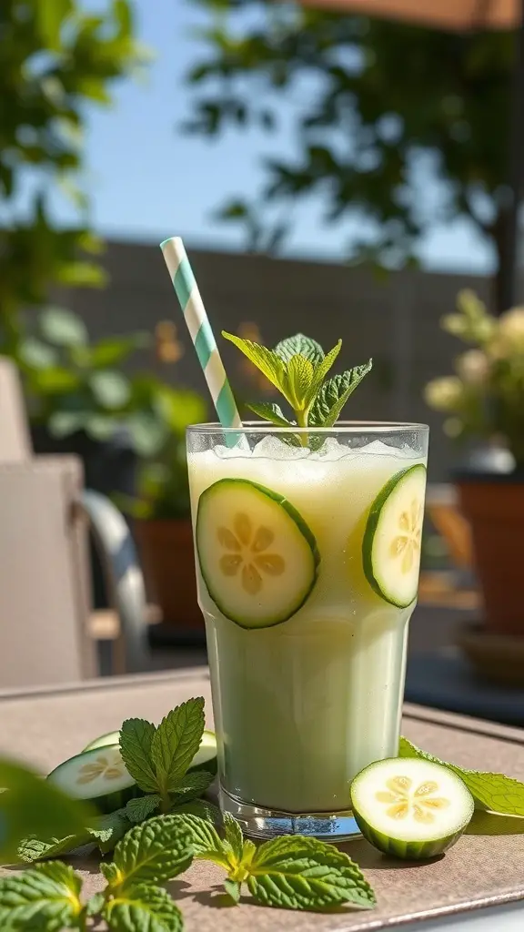 A refreshing cucumber mint smoothie in a glass with cucumber slices and mint leaves
