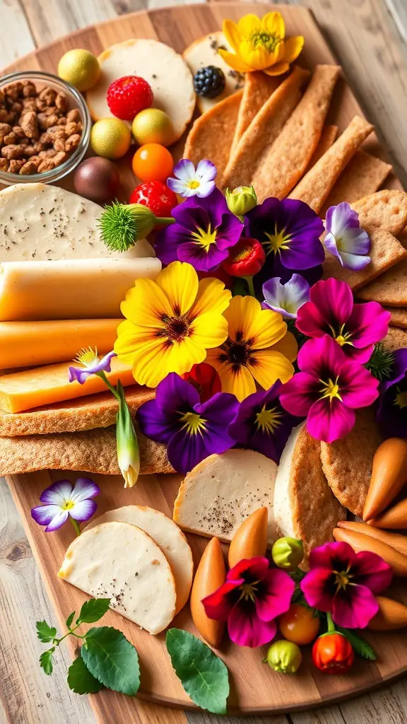 A colorful salad charcuterie board featuring various cheeses, crackers, fruits, and garnished with edible flowers.