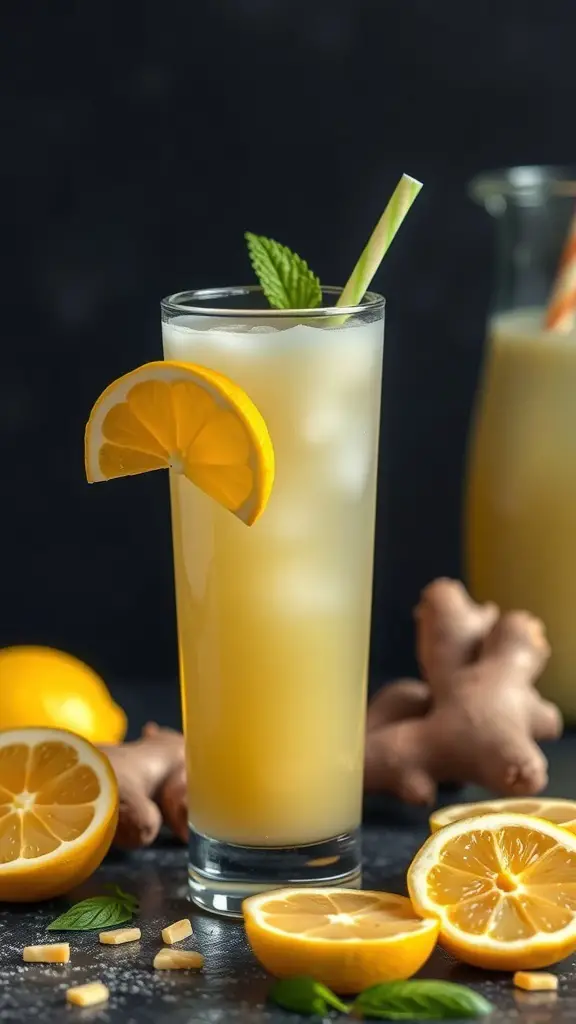 A refreshing ginger lemonade smoothie in a tall glass, garnished with a lemon slice and mint leaves, with ginger and lemon slices in the background.