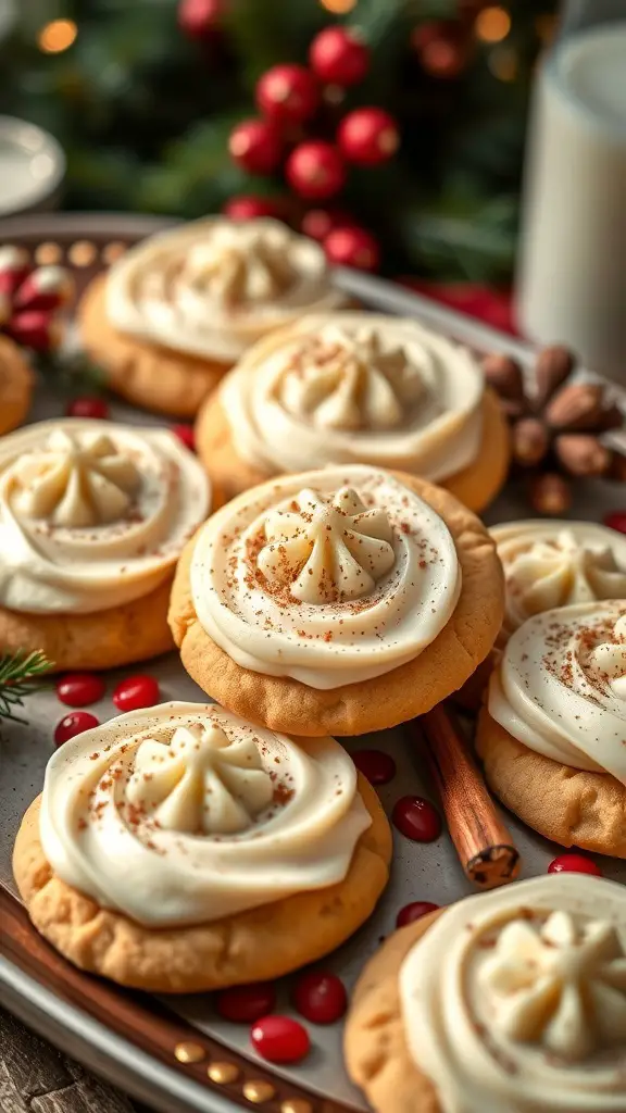 A plate of eggnog cookies with nutmeg frosting, decorated with festive elements.