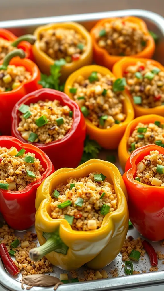 A tray of colorful stuffed bell peppers filled with quinoa and vegetables.