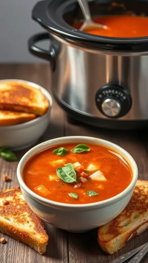 A bowl of tomato basil soup with grilled cheese sandwiches on the side, with a crockpot in the background.