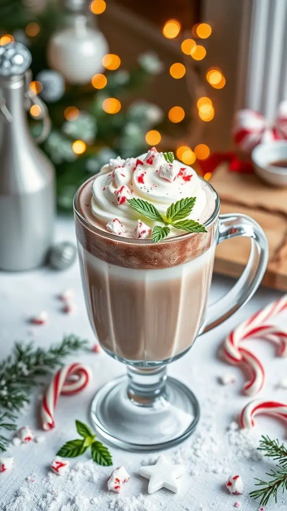 A glass mug filled with peppermint hot chocolate topped with whipped cream and crushed peppermint candies, surrounded by festive decorations.