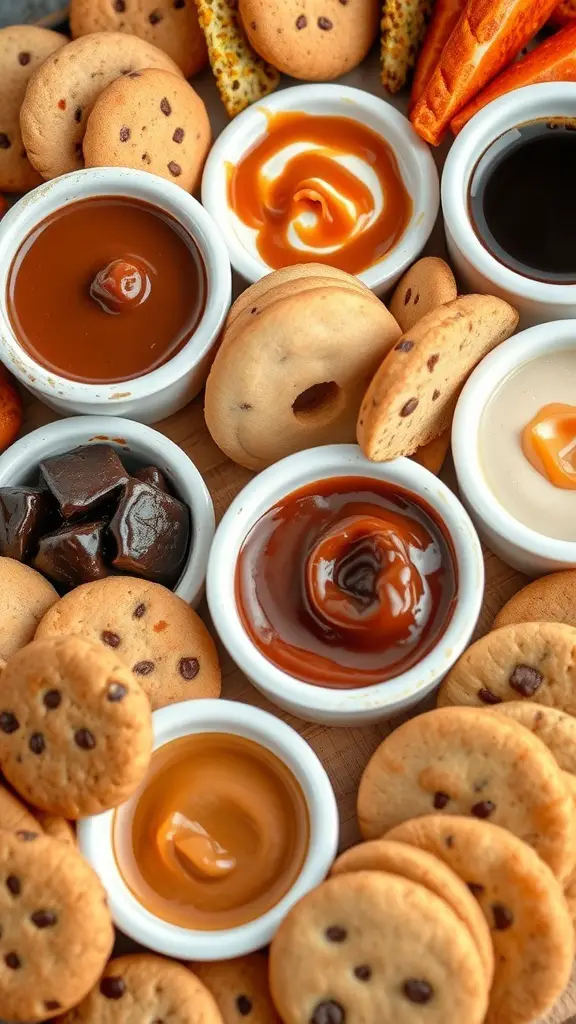 A variety of cookies arranged around small bowls of different dipping sauces.
