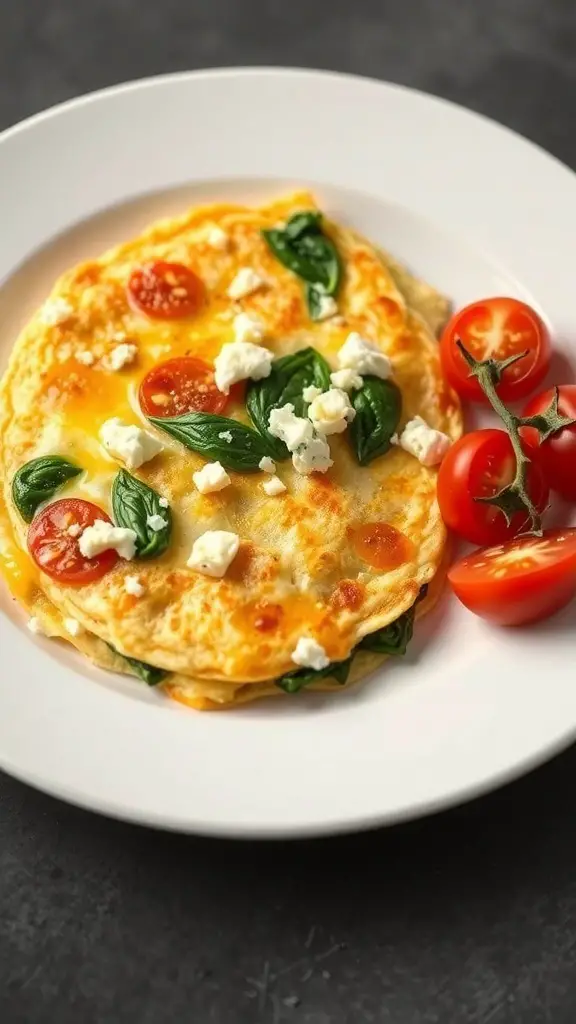 A Spinach and Feta Egg White Omelette served with cherry tomatoes on a white plate.