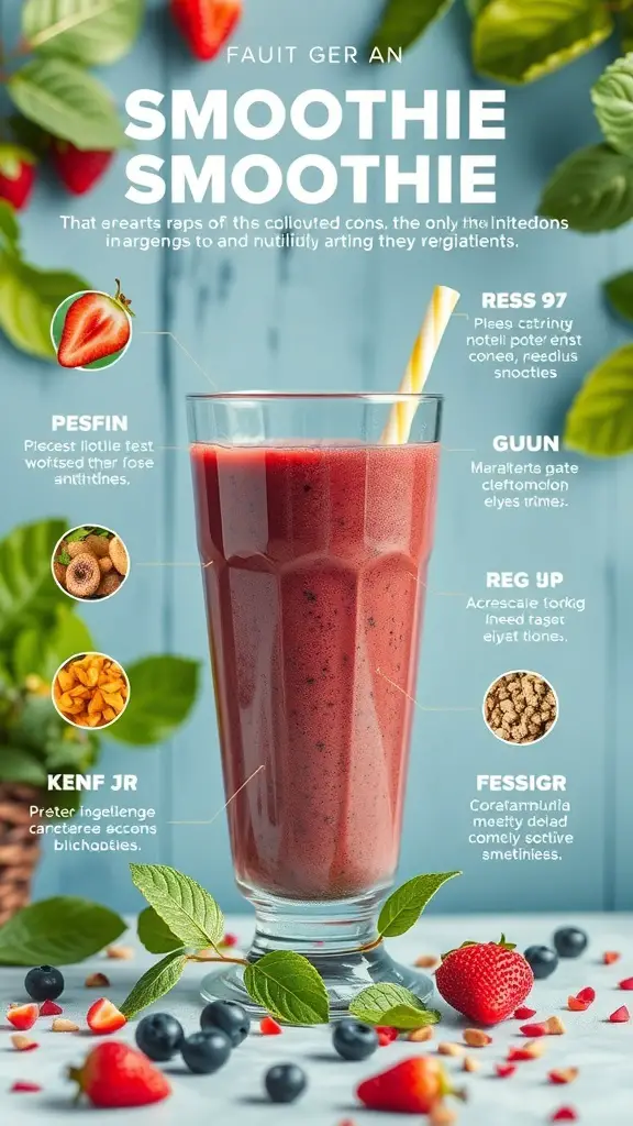 A colorful smoothie with strawberries, blueberries, and greens in a glass