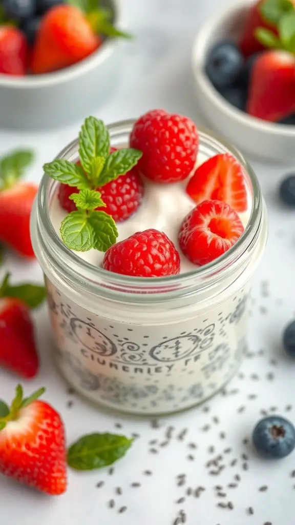 A jar of coconut chia seed pudding topped with strawberries, raspberries, and mint leaves, surrounded by fresh berries.