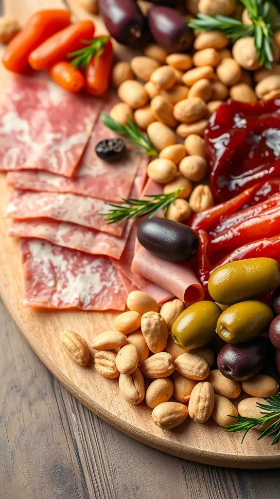 A charcuterie board featuring various cured meats, olives, nuts, and vegetables.